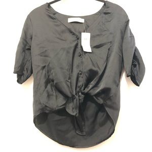 NWT Abercrombie & Fitch navy satin tie short sleeve blouse w/ cinched sleeves
